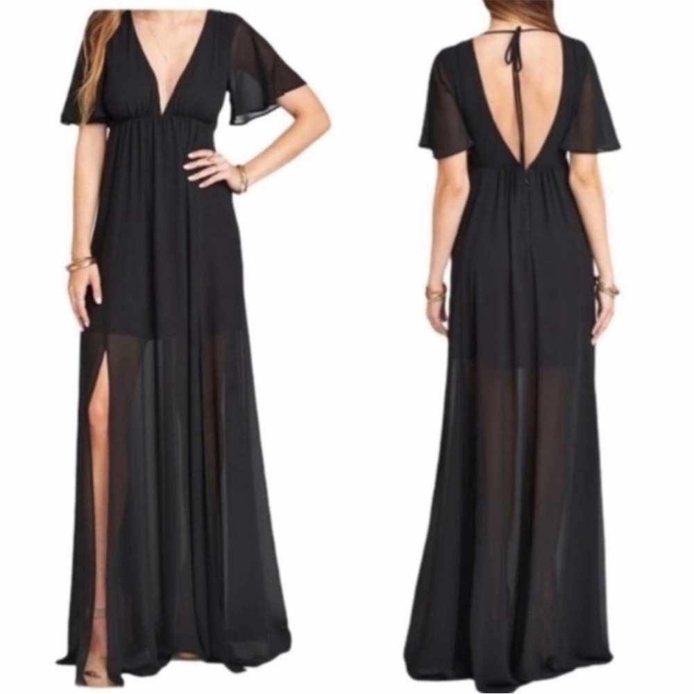 Show Me Your MuMu Faye Black Flutter Low Back Maxi Dress w/ side slit & tie neck